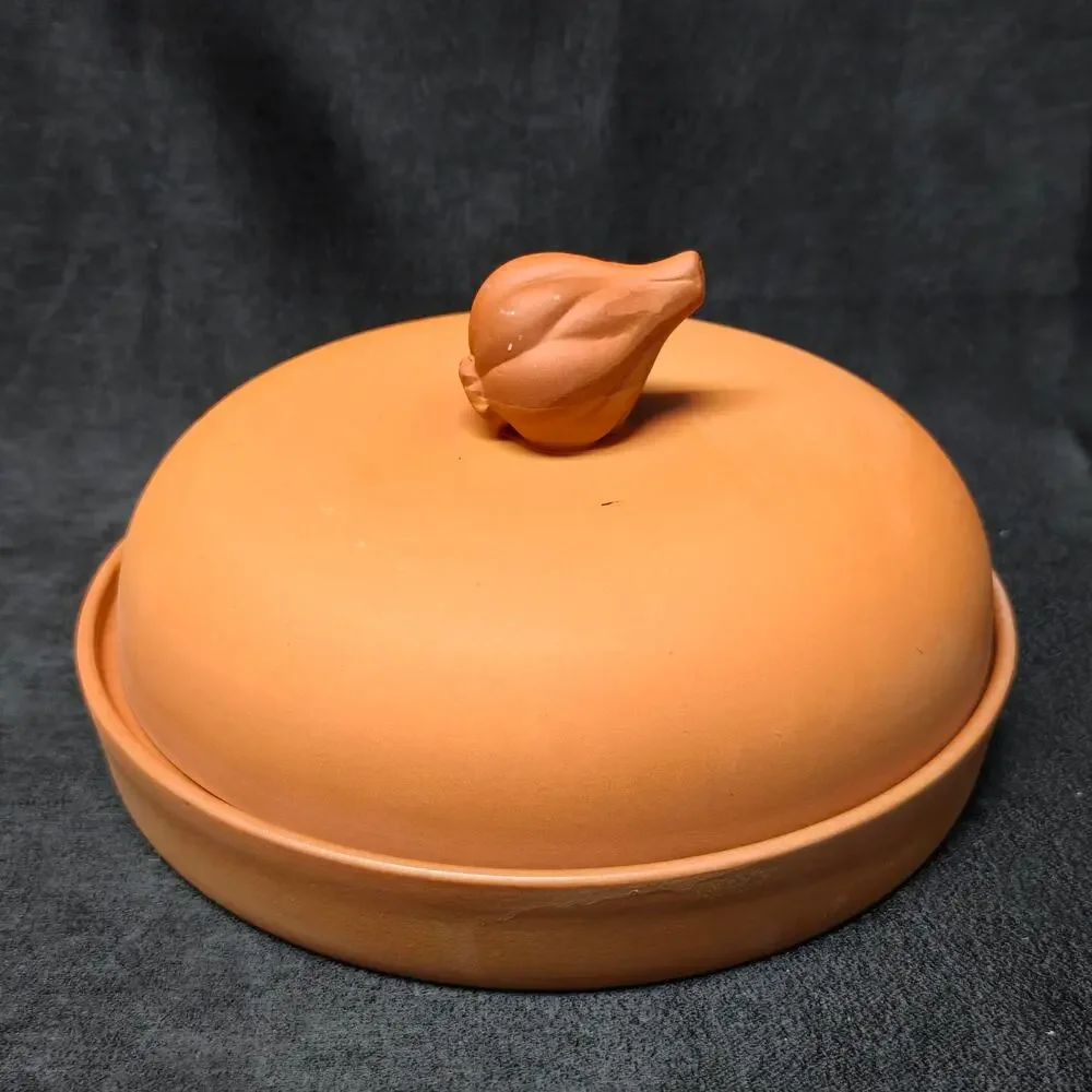 Vintage Ceramic Terra Cotta Garlic Roaster Baker Glazed Plate Dome 7